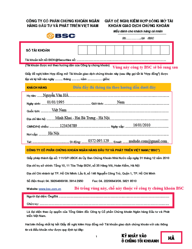 Hướng dẫn cách mở tài khoản chứng khoán Online miễn phí 2 Cách ký vào hợp đồng mở tài khoản chứng khoán BSC trang 1