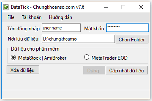 Giao diện của phần mềm lấy dữ liệu cho Amibroker