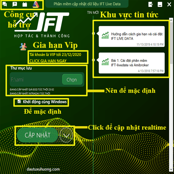 Dữ liệu Amibroker và Metastock IFT 2 Hình 1: Phần mềm cập nhật dữ liệu Amibroker và Metastock IFT LIVE DATA