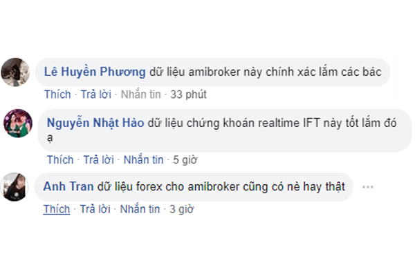 Dữ liệu Amibroker và Metastock IFT 3 Hình 2: Phản hồi của khách hàng khi sử dụng phần mềm cập nhật dữ liệu Amibroker và Metastock IFT LIVE DATA