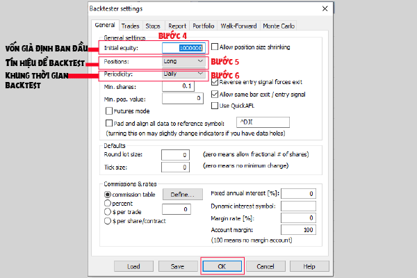 Hướng dẫn cách Backtest Amibroker AFL Code từ A - Z 3 Hình 3: Cách thiết lập settings backtest Amibroker