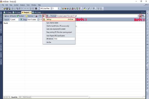 Hướng dẫn cách Backtest Amibroker AFL Code từ A - Z 2 Hình 2: Thiết lập settings backtest trong Amibroker