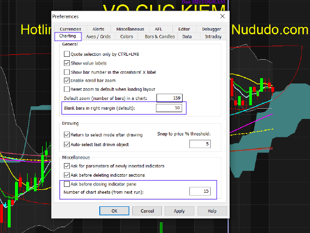 Cách thêm sheet tab trong Amibroker và thêm khoảng trống lề phải cho thanh Bars Chart 3 Chinh sửa thông số sheet Amibroker