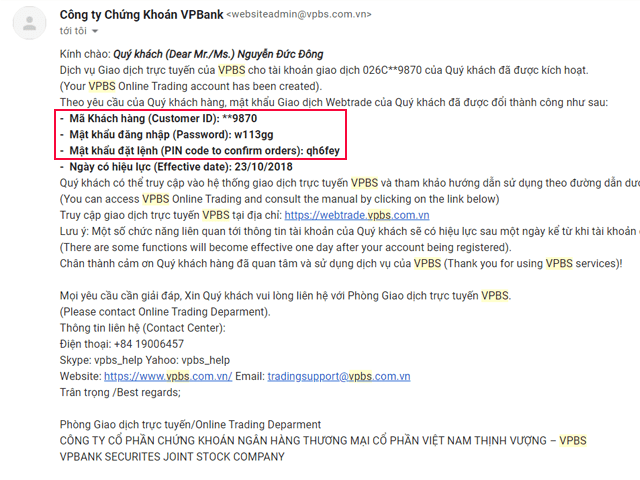 Cách đăng nhập tài khoản chứng khoán VPS trên VPS Smartone 1 Thông tin khách hàng được gửi về Email sau khi đăng ký mở tài khoản chứng khoán VPS